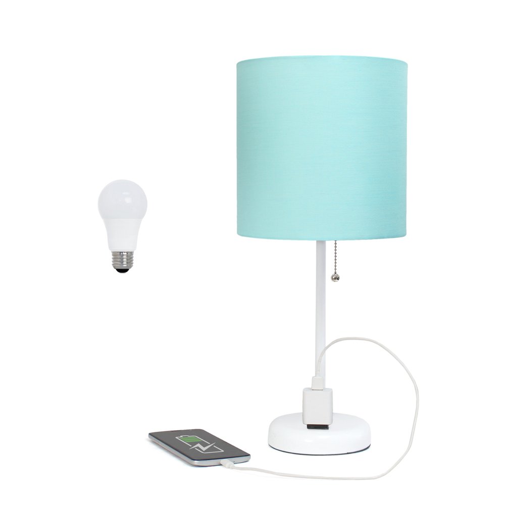 20" White Metal Table Lamp LED With Aqua Drum Shade