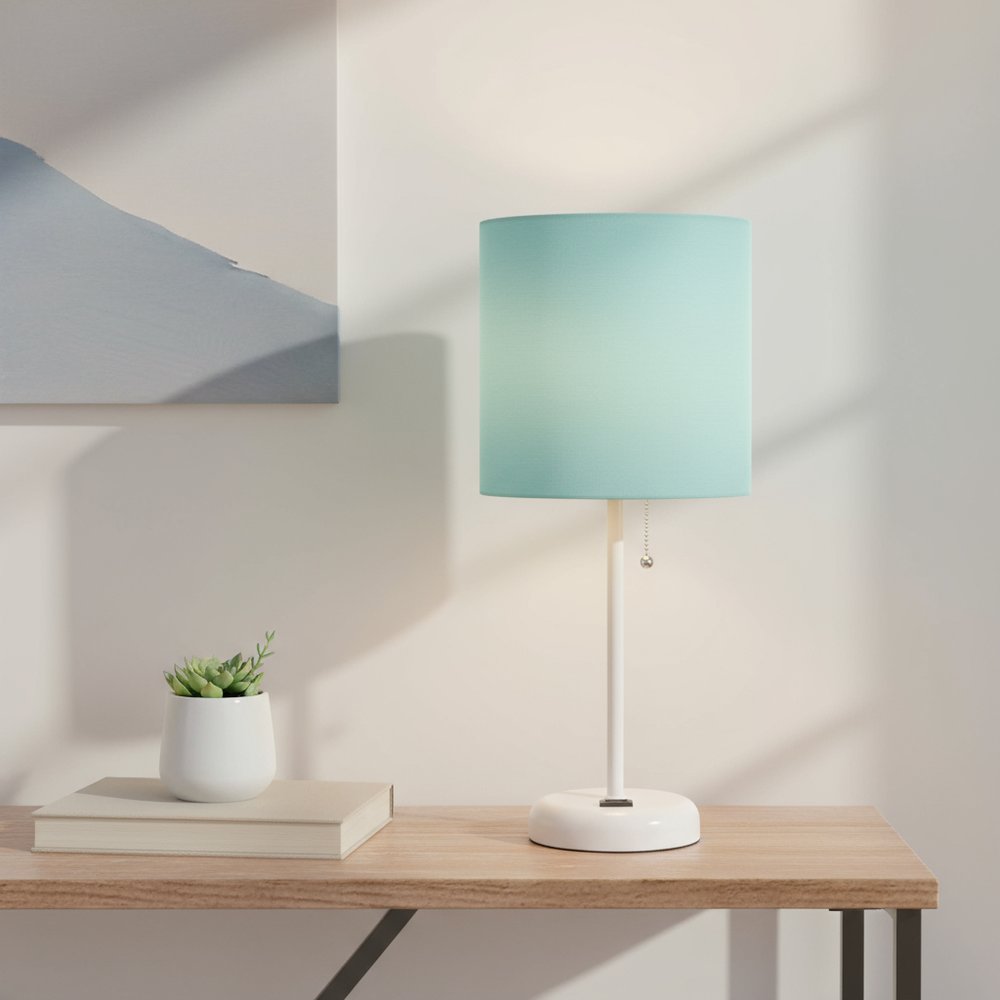 20" White Metal Table Lamp LED With Aqua Drum Shade