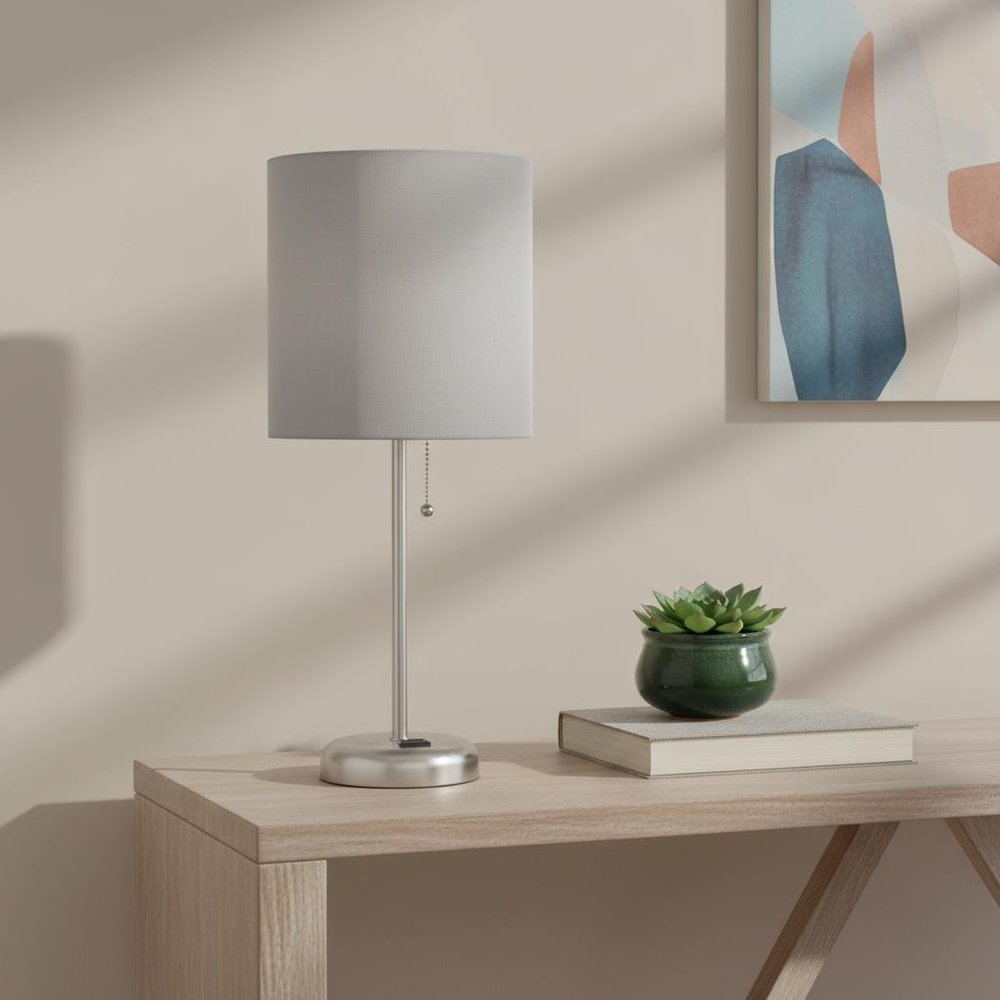 20" Silver Metal Table Lamp LED With Gray Drum Shade
