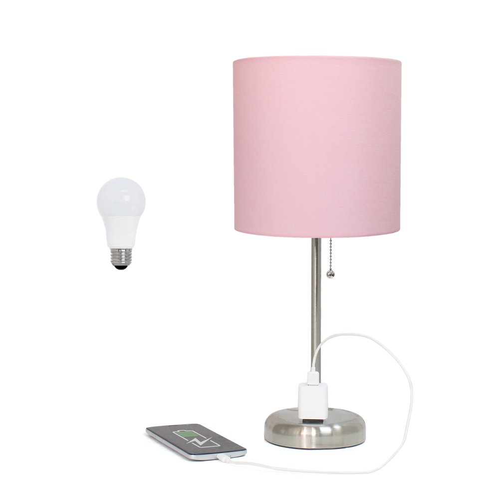 20" Silver Metal Table Lamp LED With Light Pink Drum Shade