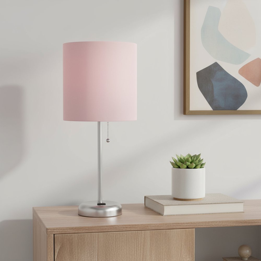 20" Silver Metal Table Lamp LED With Light Pink Drum Shade