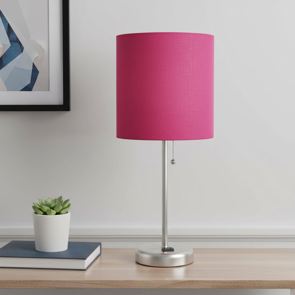 20" Silver Metal Table Lamp LED With Pink Drum Shade