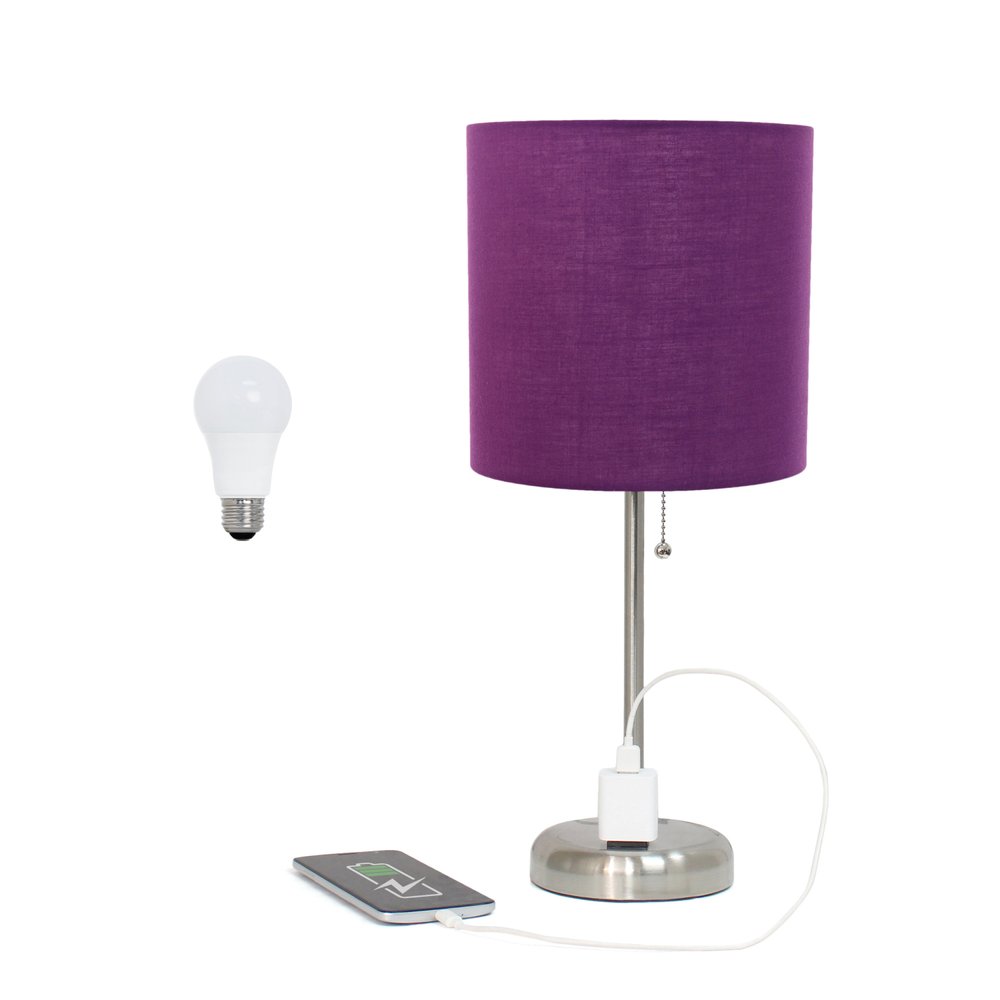 20" Silver Metal Table Lamp LED With Purple Drum Shade