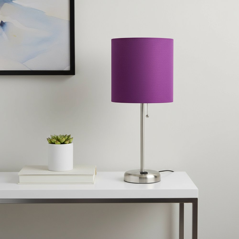20" Silver Metal Table Lamp LED With Purple Drum Shade