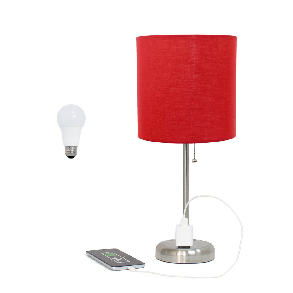 20" Silver Metal Table Lamp LED With Red Drum Shade