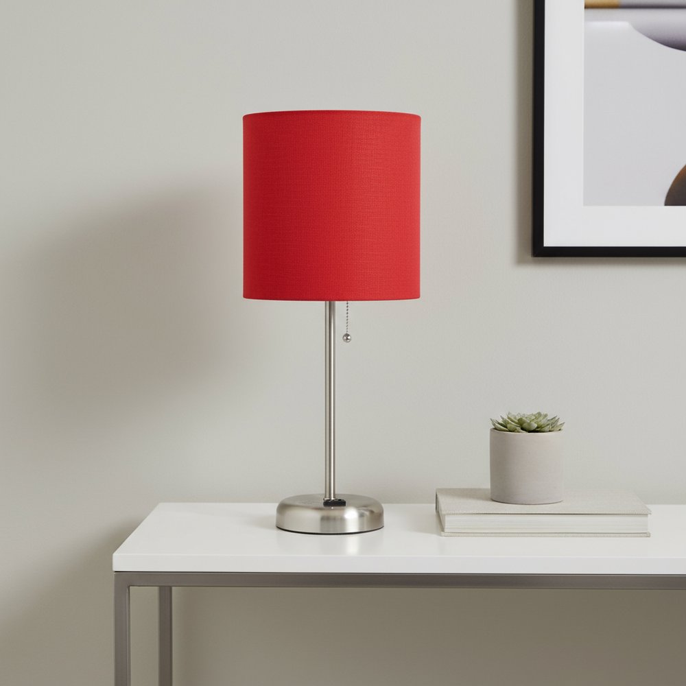 20" Silver Metal Table Lamp LED With Red Drum Shade