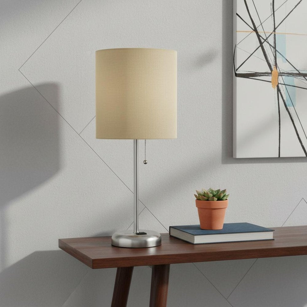 20" Silver Metal Table Lamp LED With Tan Drum Shade