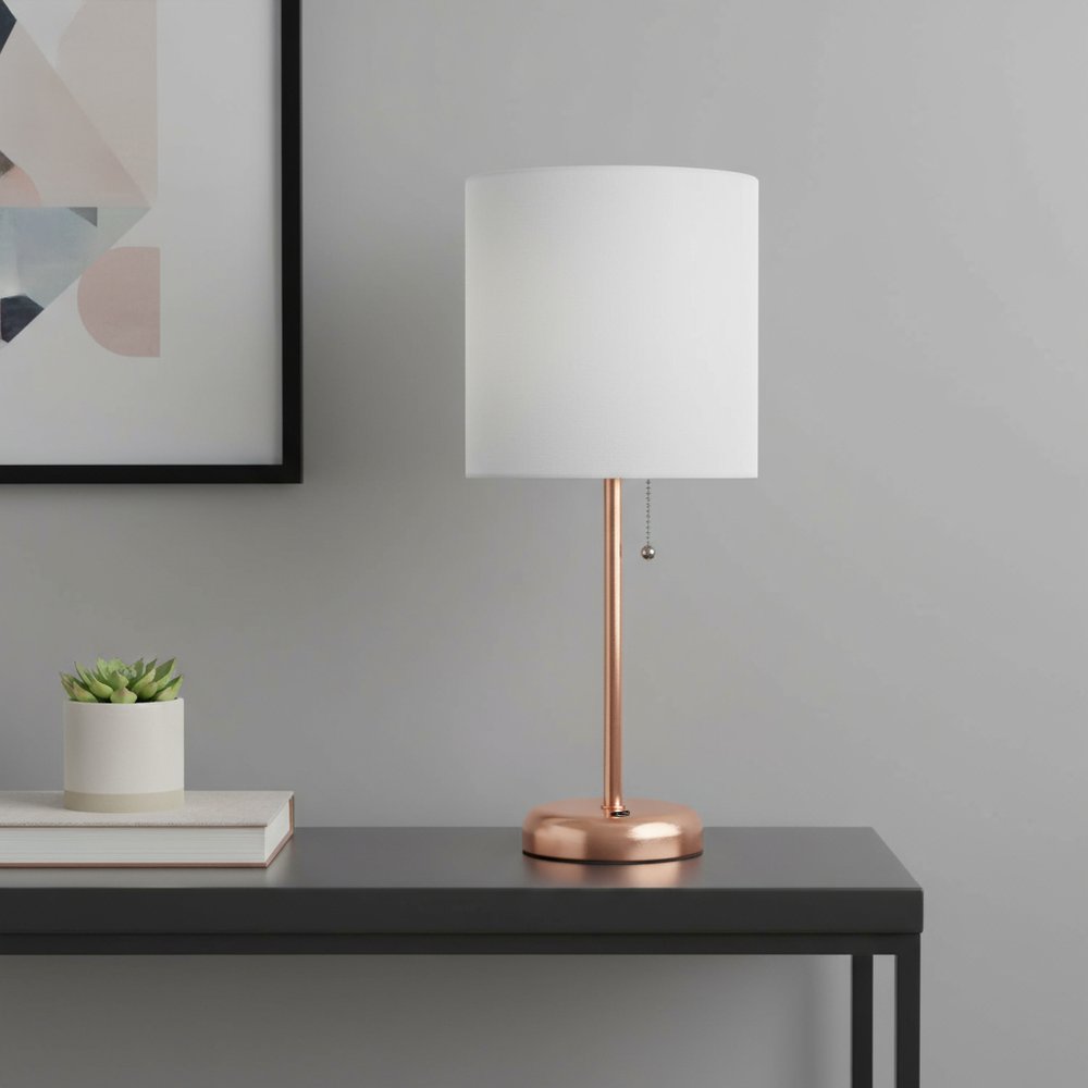 20" Rose Gold Metal Table Lamp LED With White Drum Shade