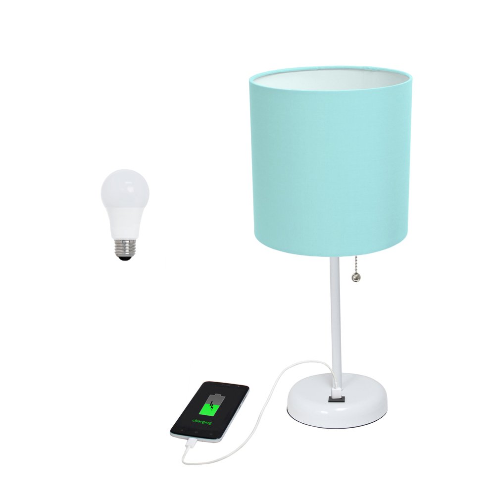 20" White Metal USB Table Lamp LED With Aqua Drum Shade