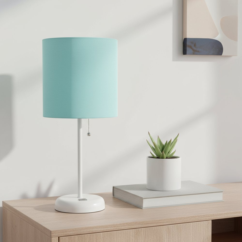 20" White Metal USB Table Lamp LED With Aqua Drum Shade
