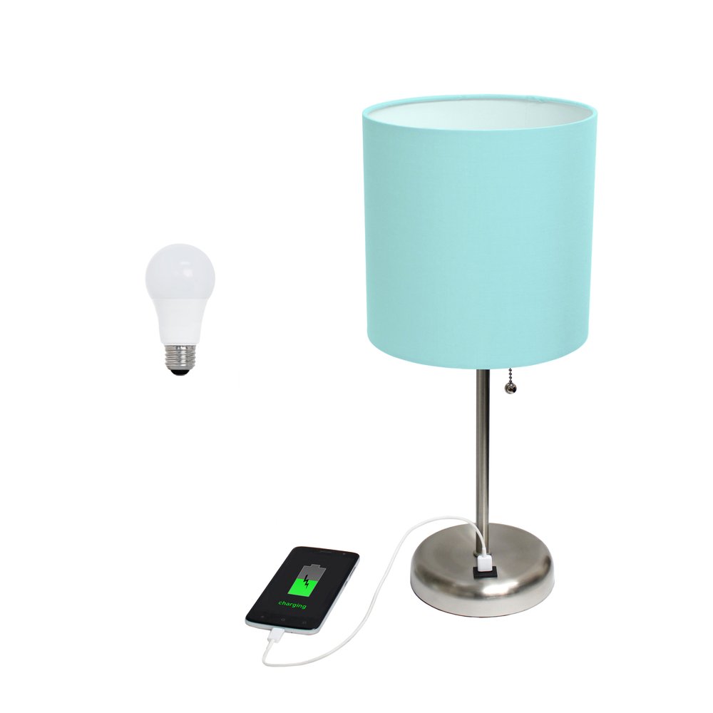 20" Silver Metal USB Table Lamp LED With Aqua Drum Shade