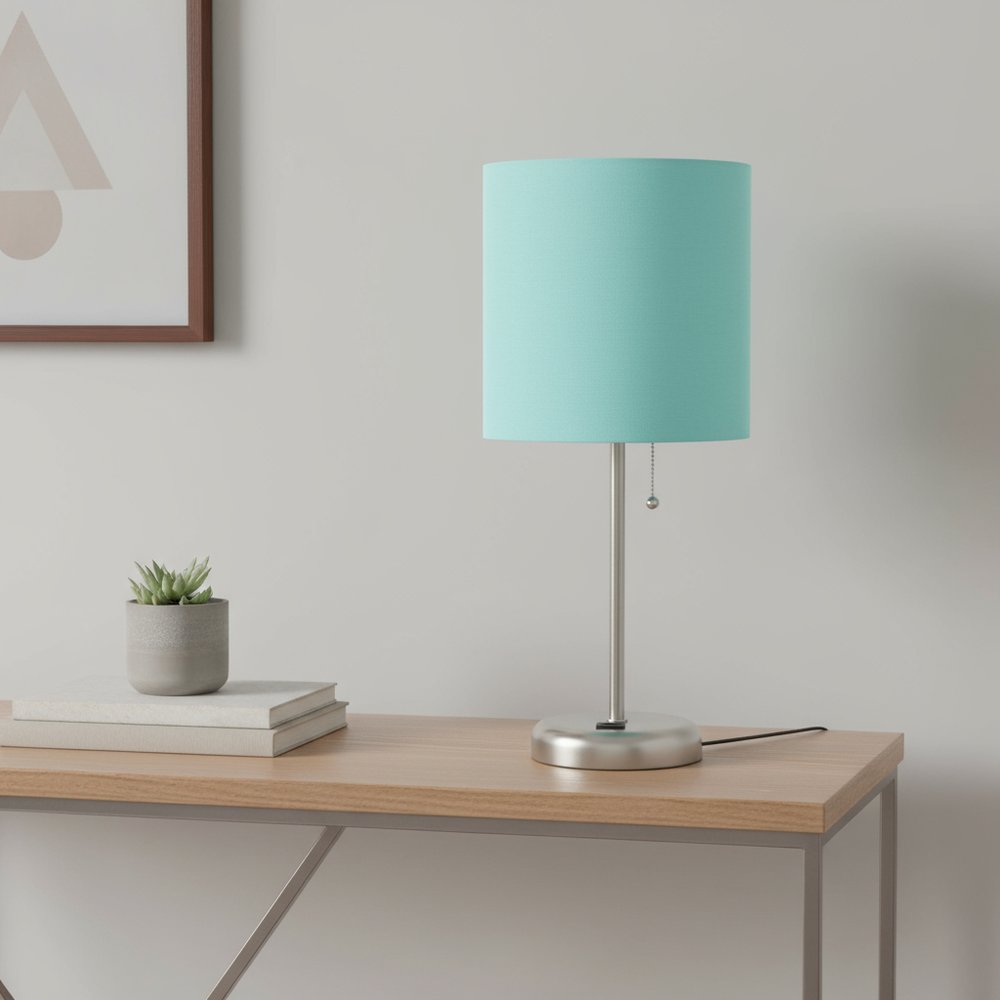 20" Silver Metal USB Table Lamp LED With Aqua Drum Shade
