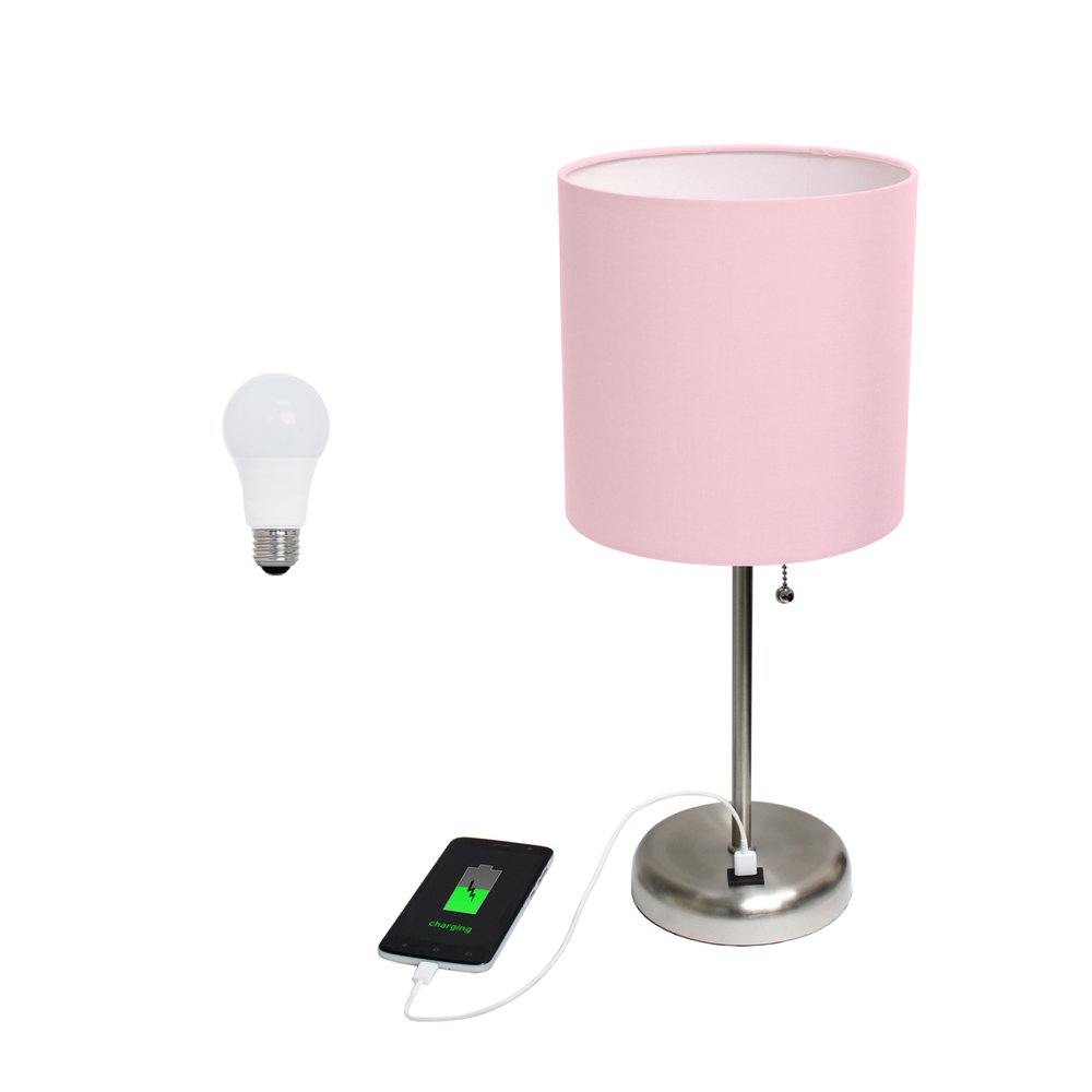20" Silver Metal USB Table Lamp LED With Light Pink Drum Shade