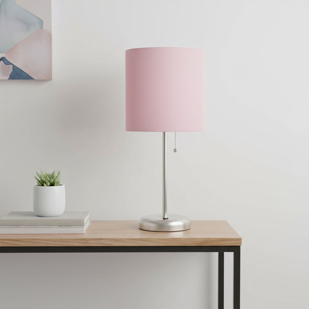 20" Silver Metal USB Table Lamp LED With Light Pink Drum Shade