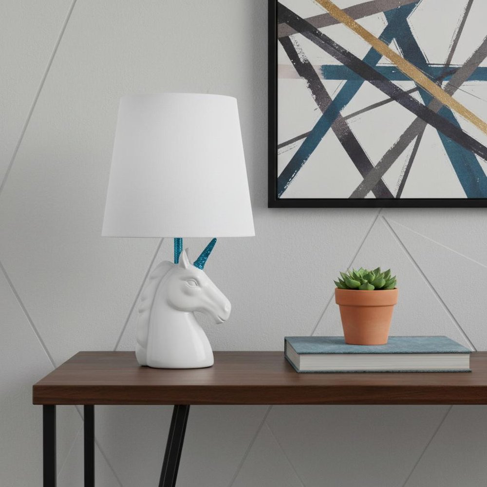 16" White And Blue Novelty Table Lamp With White Drum Shade