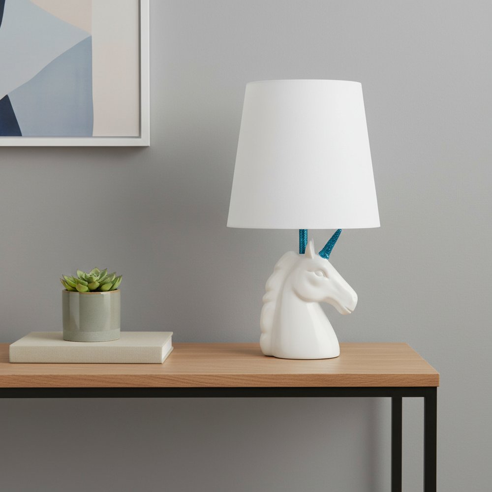 16" White And Blue Novelty Table Lamp LED With White Drum Shade