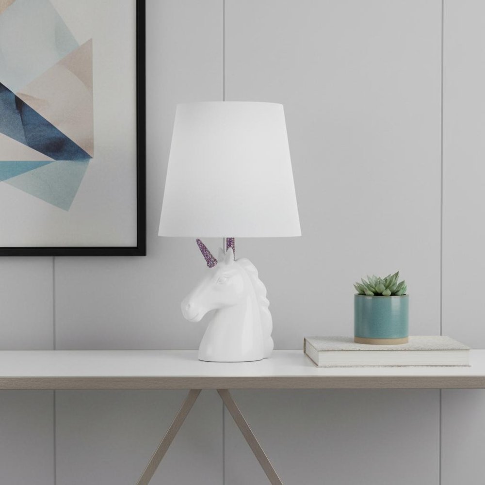 16" White And Rainbow Novelty Table Lamp With White Drum Shade