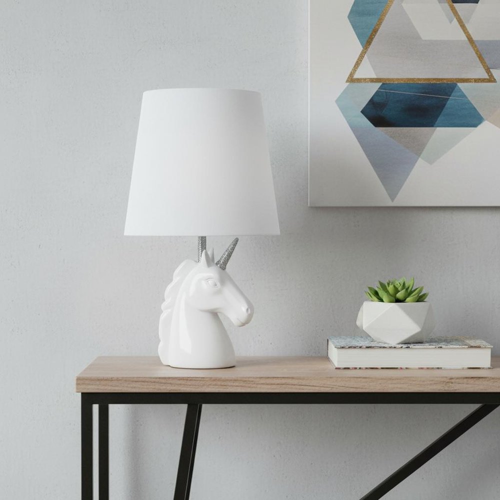 16" White And Silver Novelty Table Lamp With White Drum Shade