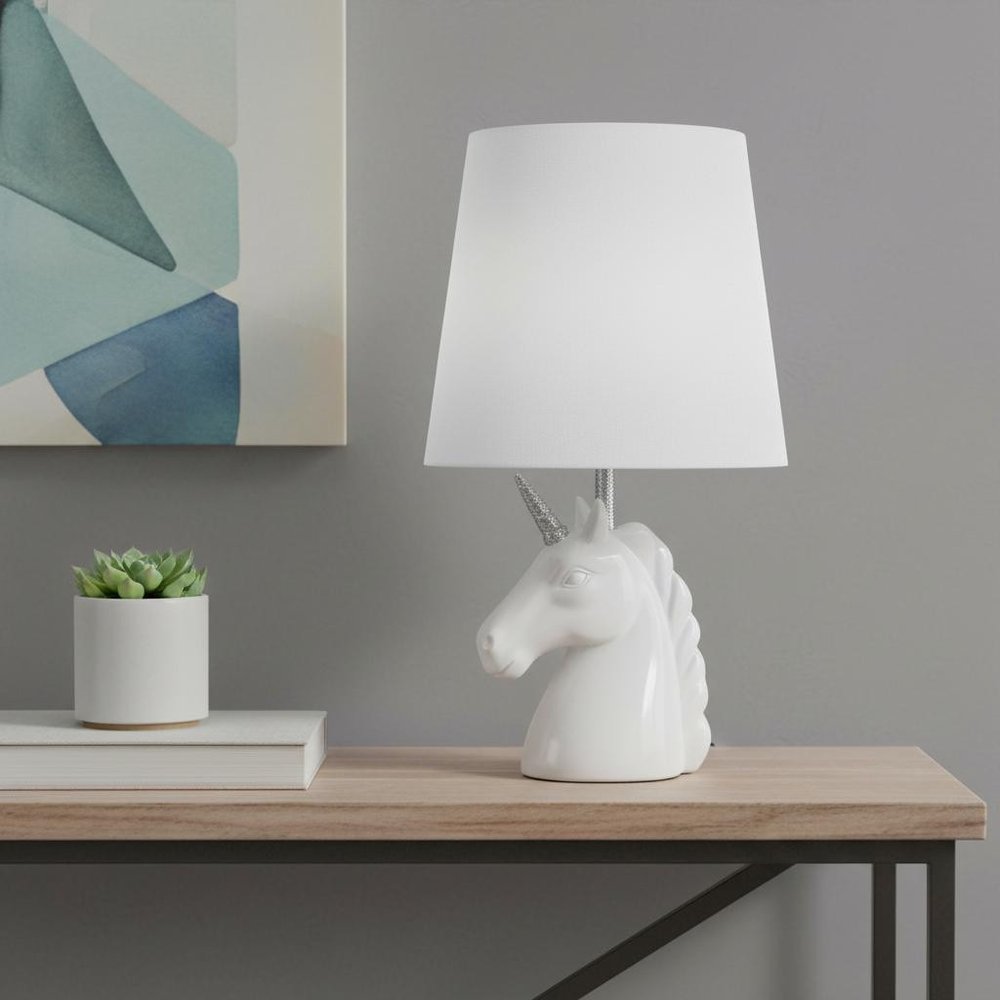 16" White And Silver Novelty Table Lamp LED With White Drum Shade