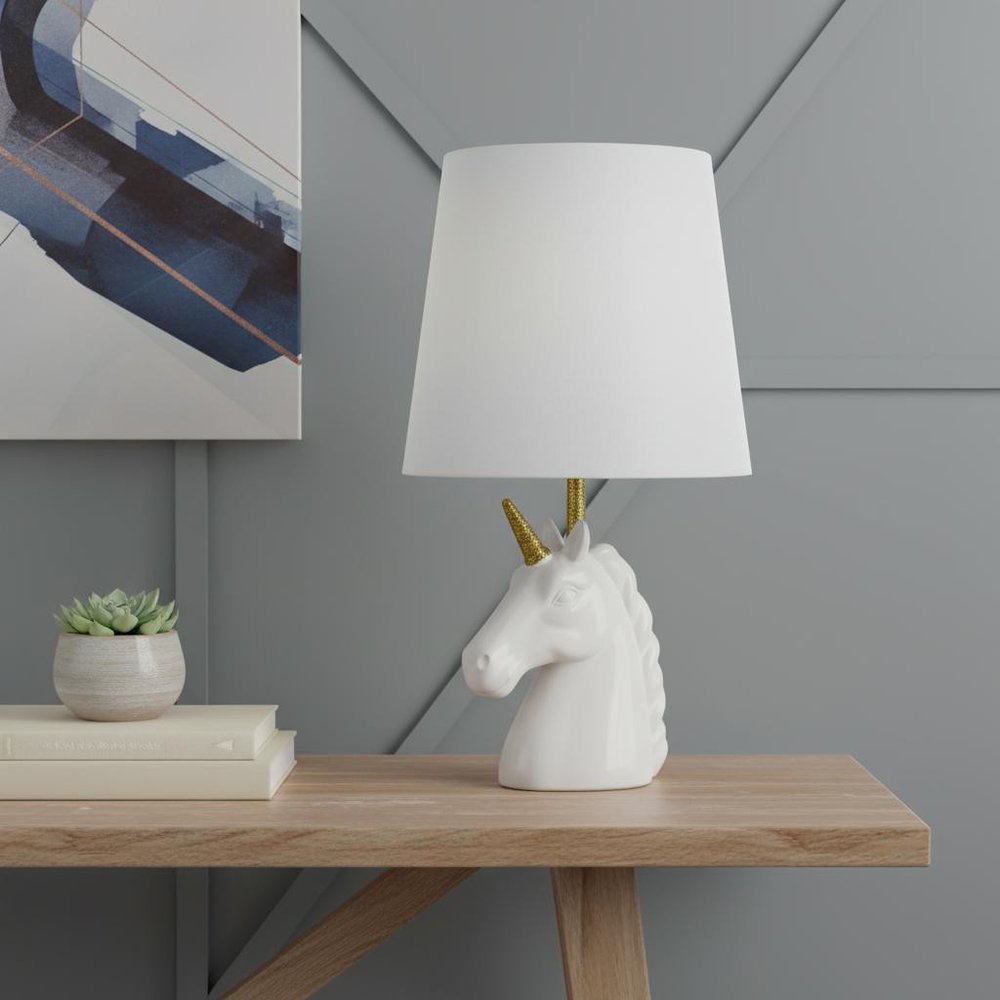 16" White And Gold Novelty Table Lamp With White Drum Shade