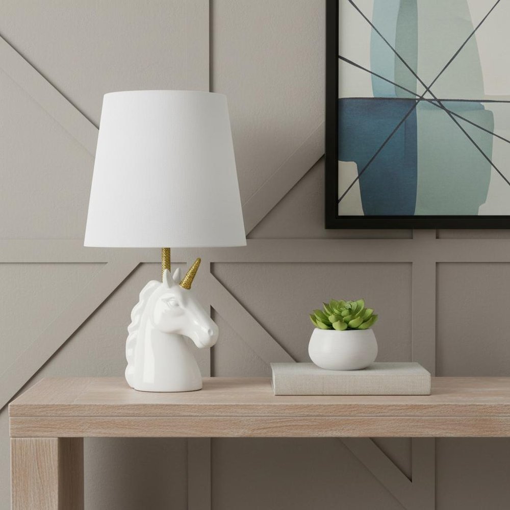 16" White And Gold Novelty Table Lamp LED With White Drum Shade