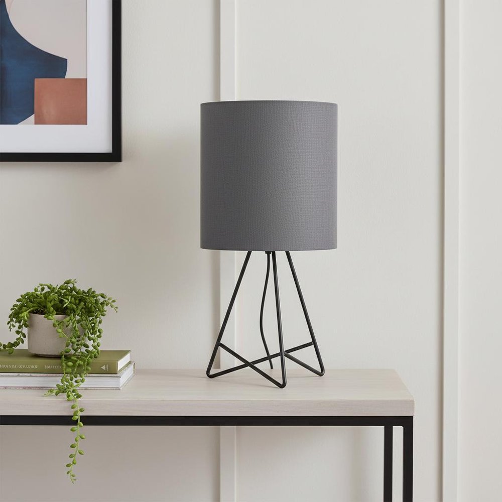 14" Gray Metal Tripod Table Lamp LED With Gray Drum Shade