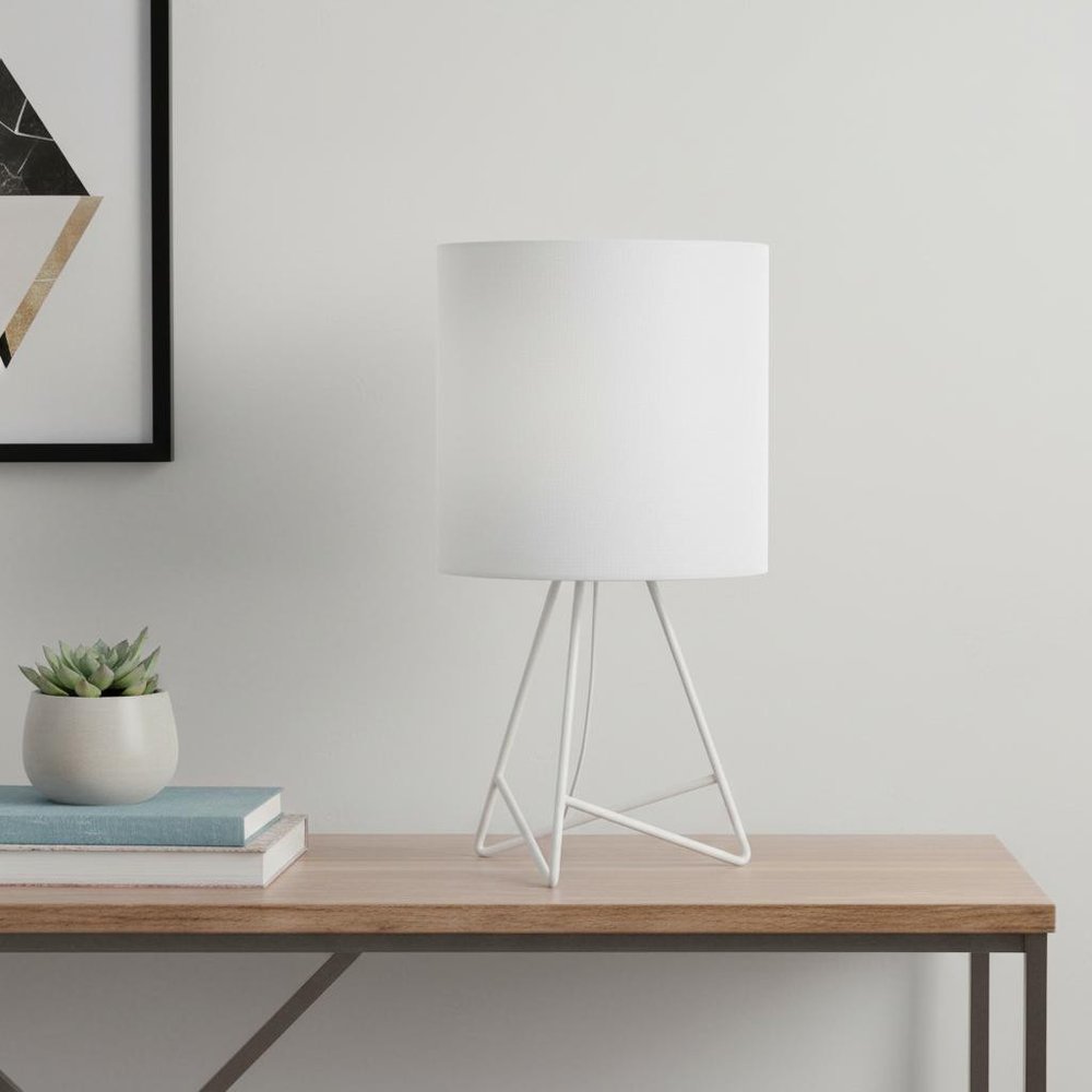 14" White Metal Tripod Table Lamp LED With White Drum Shade