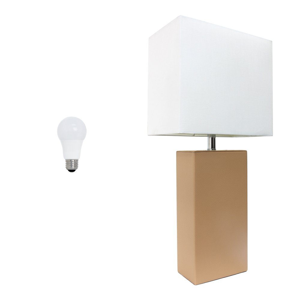 21" Beige Faux Leather Table Lamp LED With White Shade