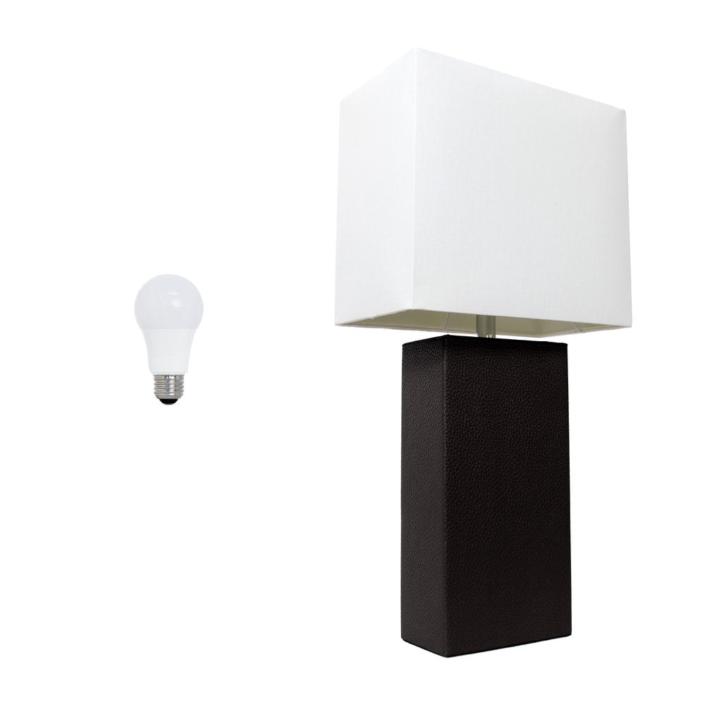 21" Black Faux Leather Table Lamp LED With White Shade