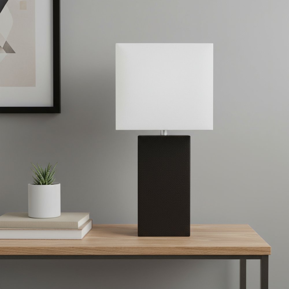 21" Black Faux Leather Table Lamp LED With White Shade