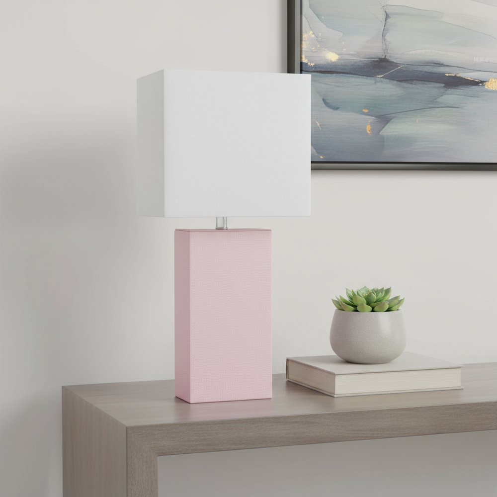 21" Blush Faux Leather Table Lamp LED With White Shade