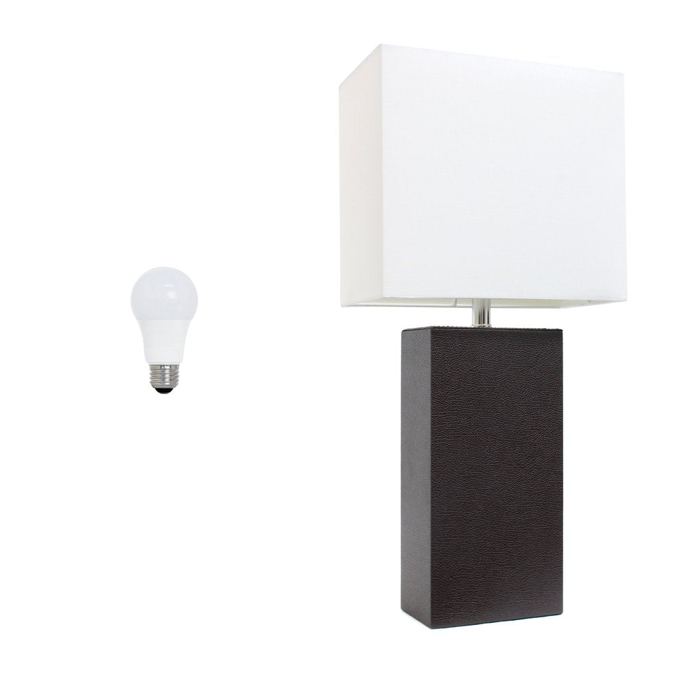 21" Espresso Faux Leather Table Lamp LED With White Shade