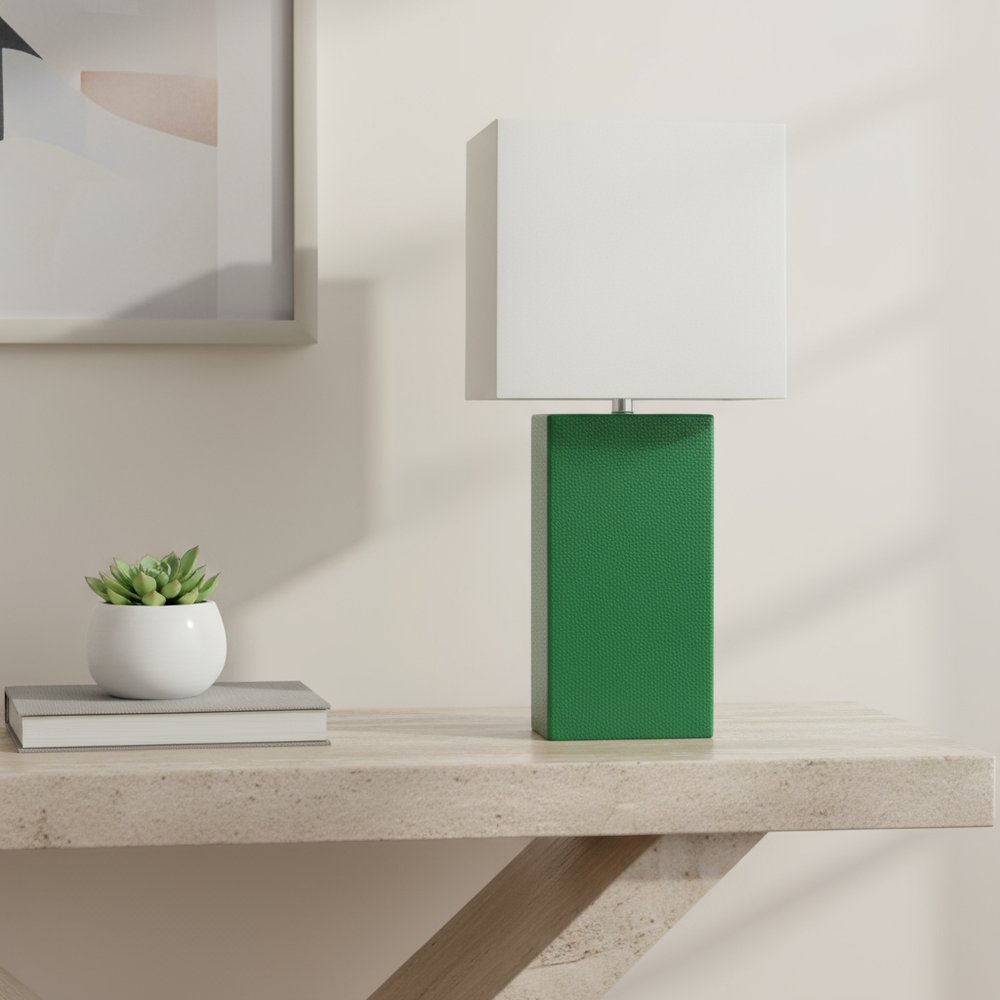21" Green Faux Leather Table Lamp LED With White Shade