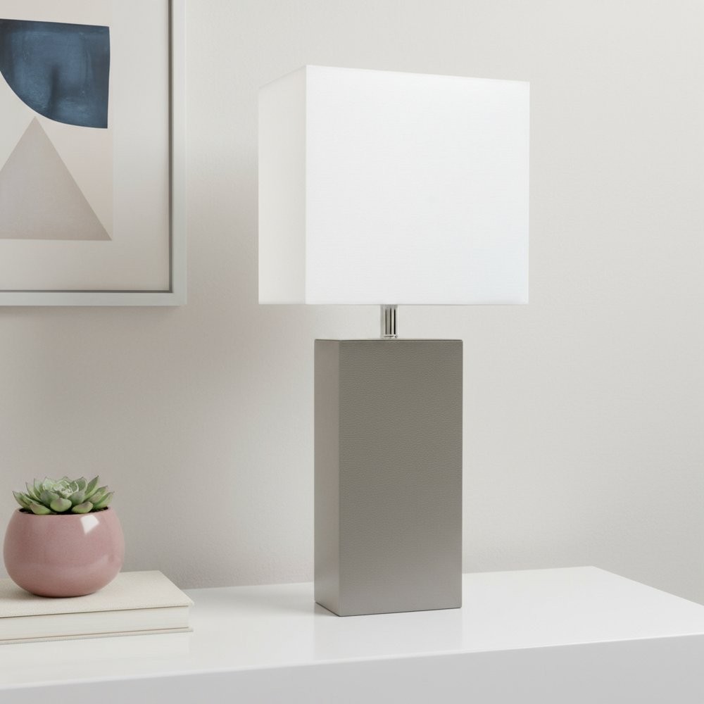 21" Gray Faux Leather Table Lamp LED With White Shade
