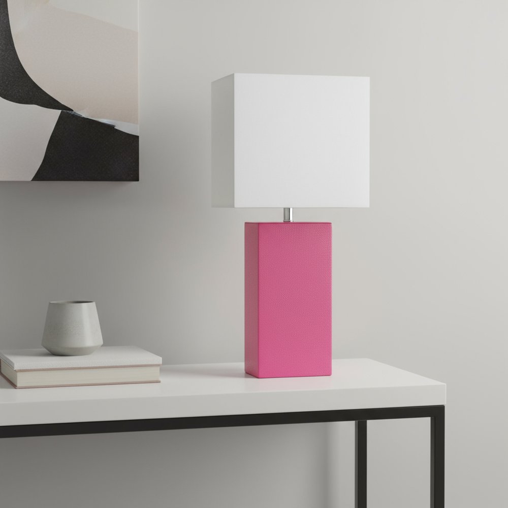 21" Hot Pink Faux Leather Table Lamp LED With White Shade