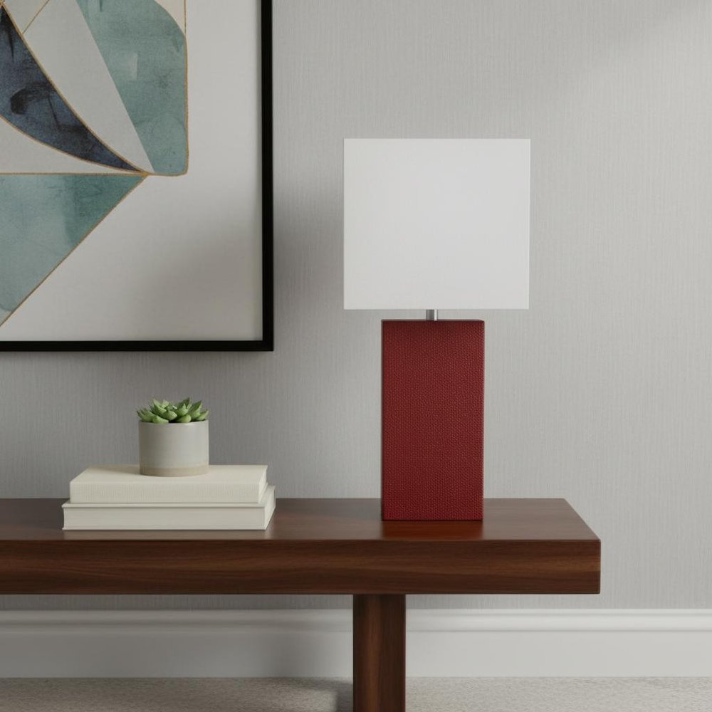 21" Red Faux Leather Table Lamp LED With White Shade