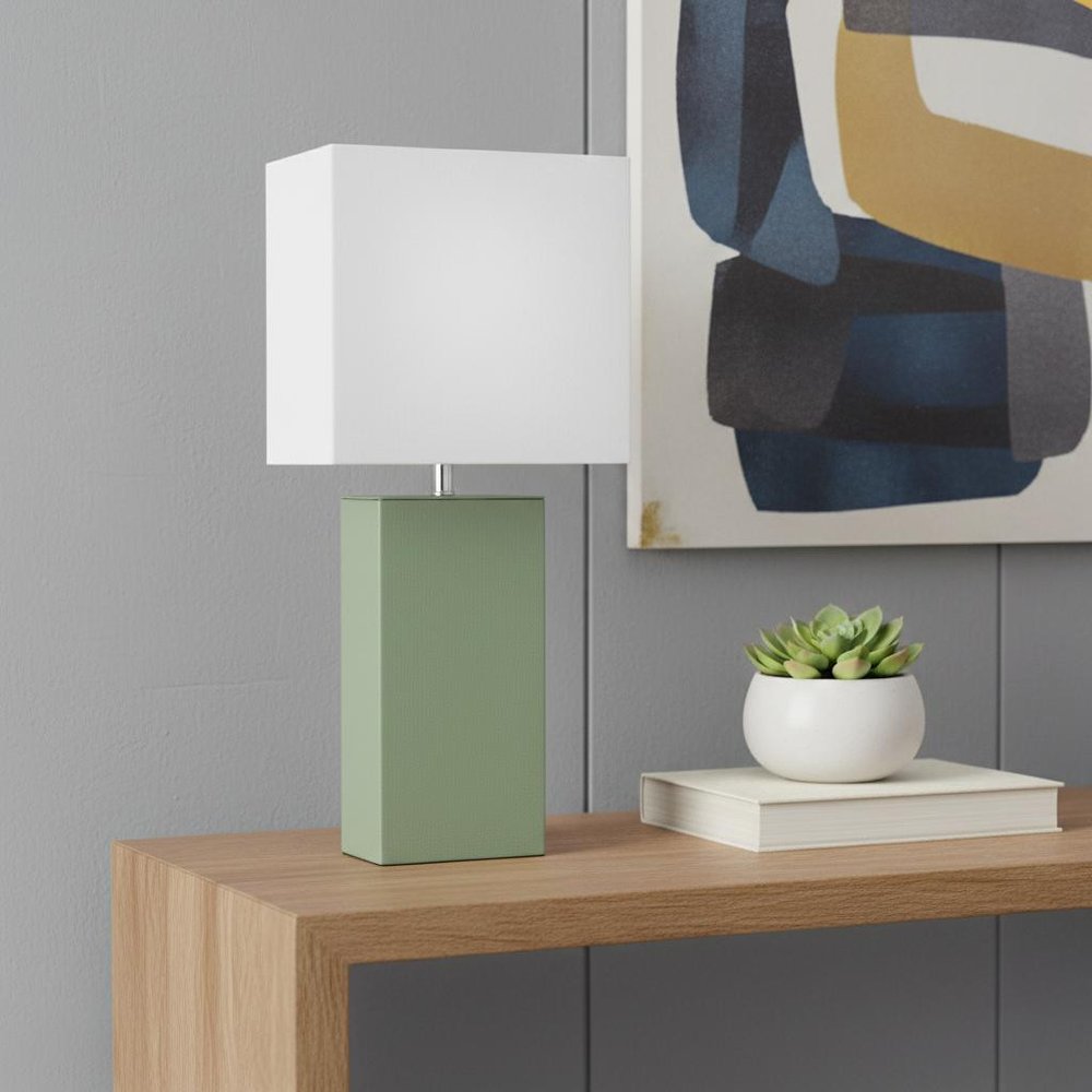 21" Sage Faux Leather Table Lamp With White Shade
