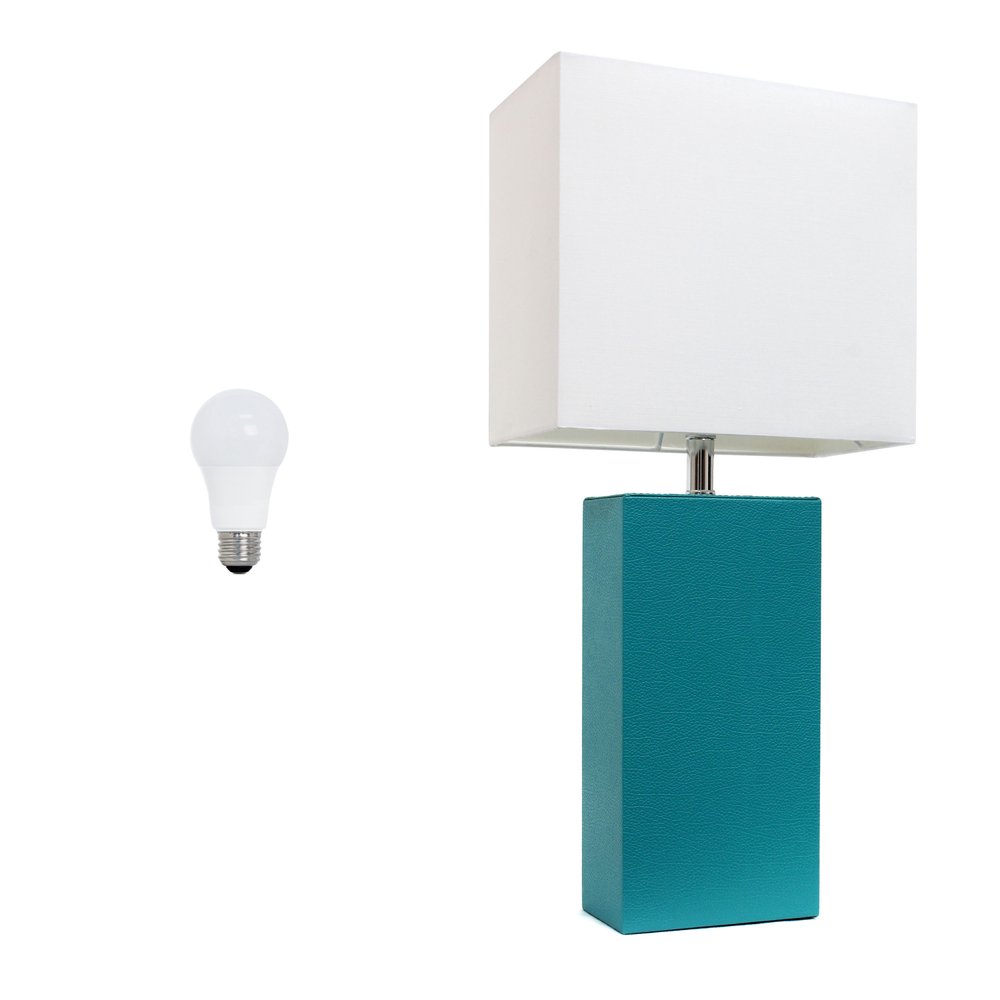 21" Teal Blue Faux Leather Table Lamp LED With White Shade
