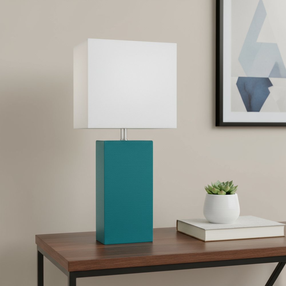21" Teal Blue Faux Leather Table Lamp LED With White Shade