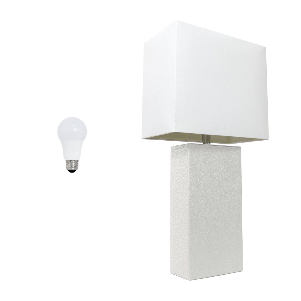 21" White Faux Leather Table Lamp LED With White Shade