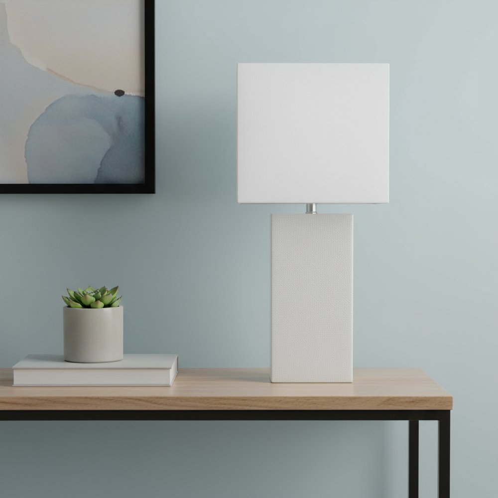 21" White Faux Leather Table Lamp LED With White Shade
