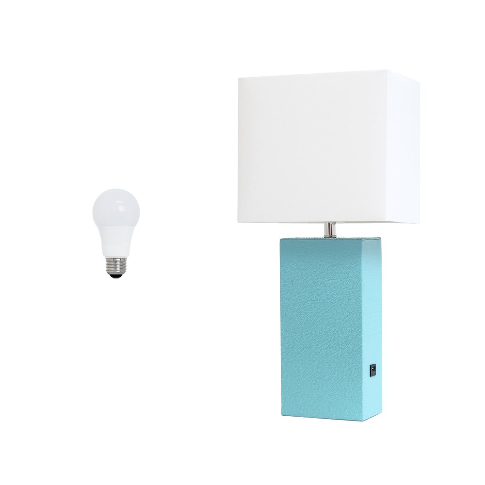 21" Aqua Faux Leather USB Table Lamp LED With White Shade