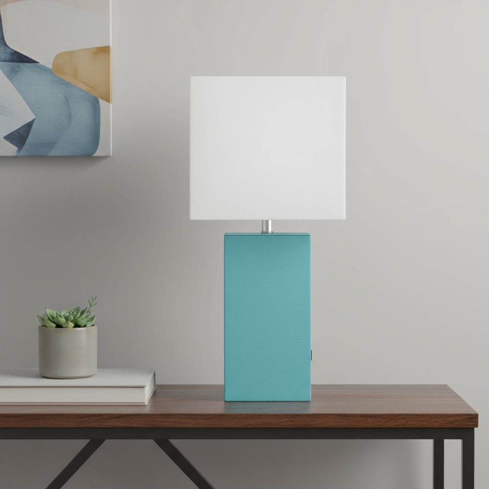 21" Aqua Faux Leather USB Table Lamp LED With White Shade