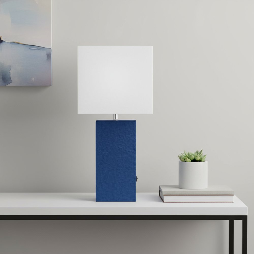 21" Blue Faux Leather USB Table Lamp With White Shade