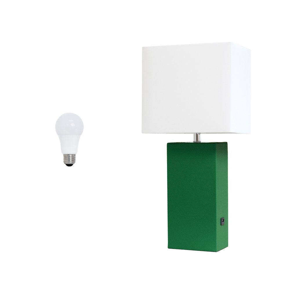 21" Green Faux Leather USB Table Lamp LED With White Shade