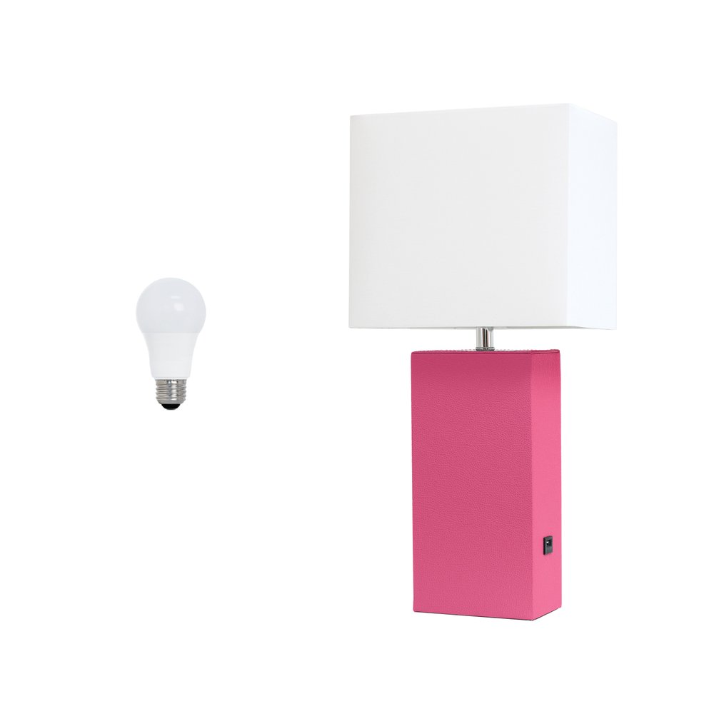 21" Hot Pink Faux Leather USB Table Lamp LED With White Shade