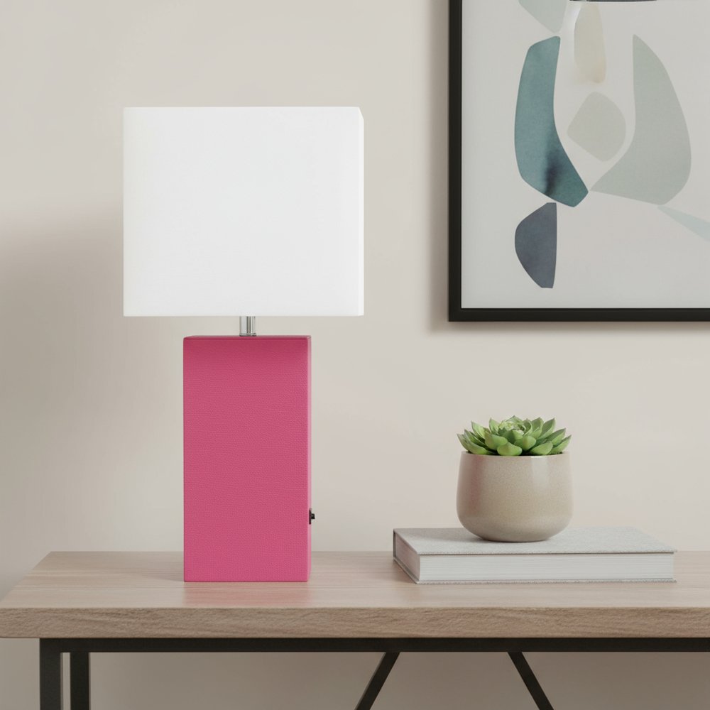 21" Hot Pink Faux Leather USB Table Lamp LED With White Shade