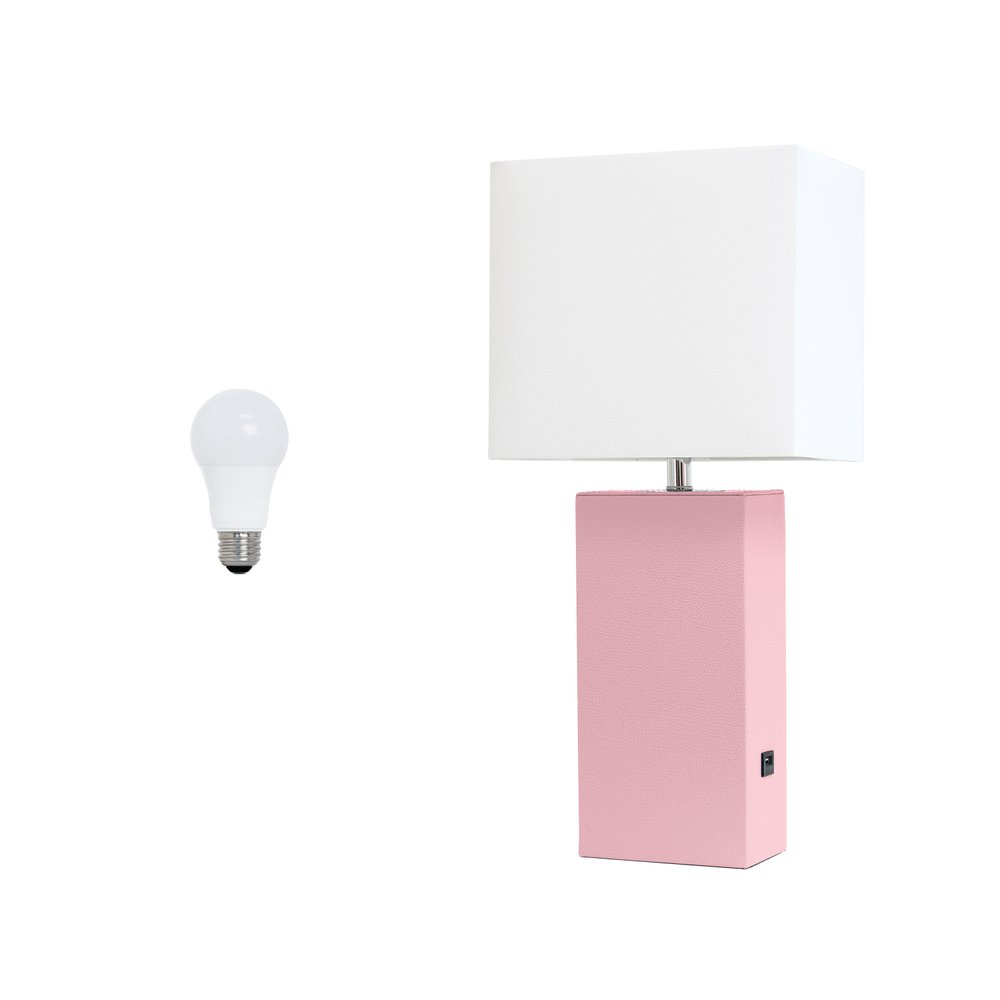 21" Pink Faux Leather USB Table Lamp LED With White Shade