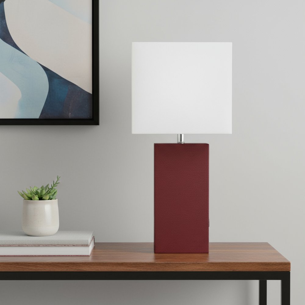 21" Red Faux Leather USB Table Lamp LED With White Shade