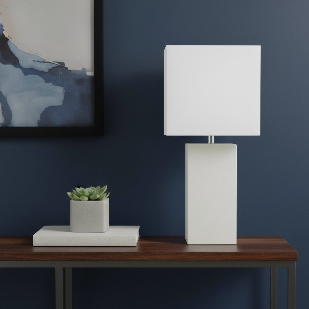 21" White Faux Leather USB Table Lamp LED With White Shade